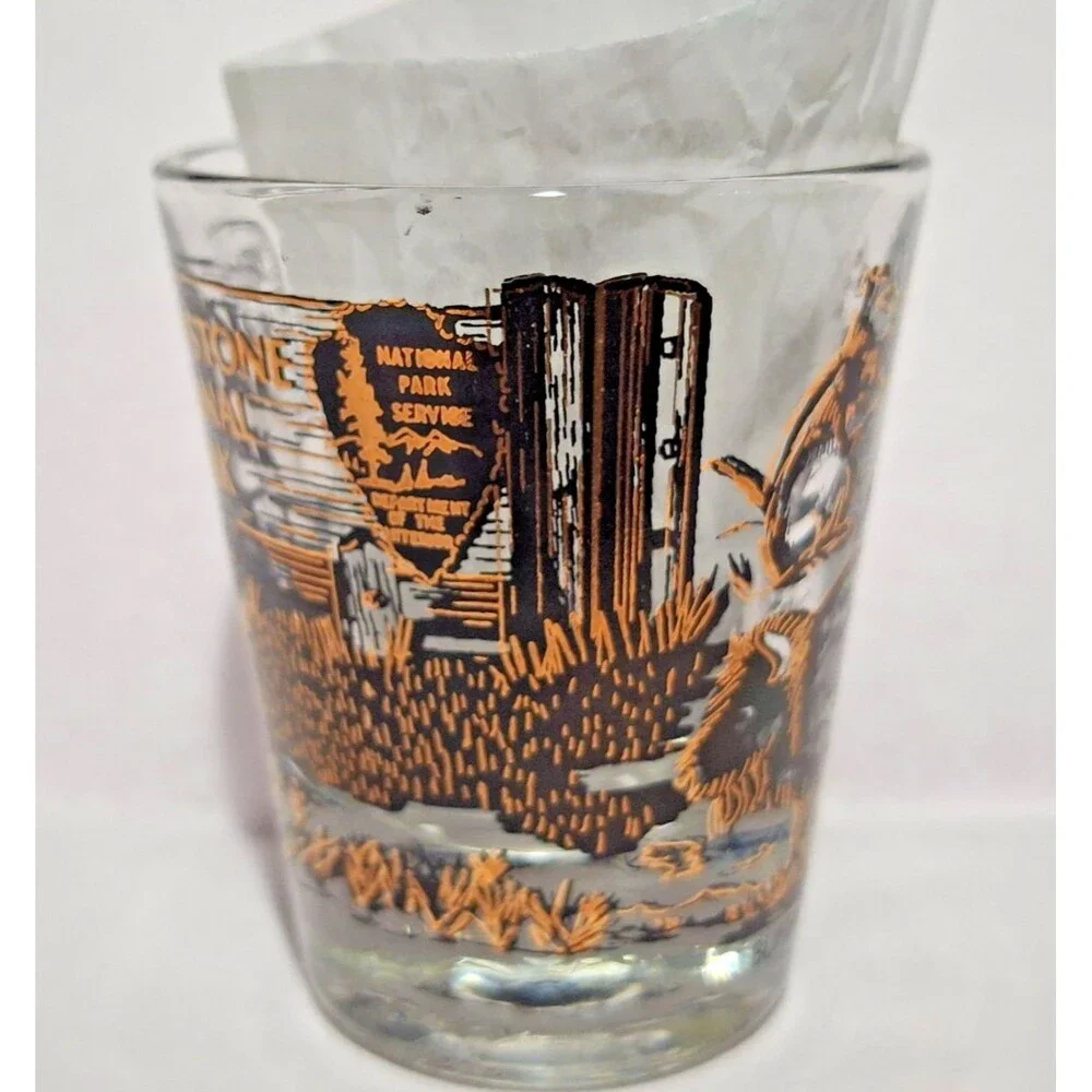 Yellowstone National Park Souvenir Shot Glass Black & 22K Gold Old Faithful NPS